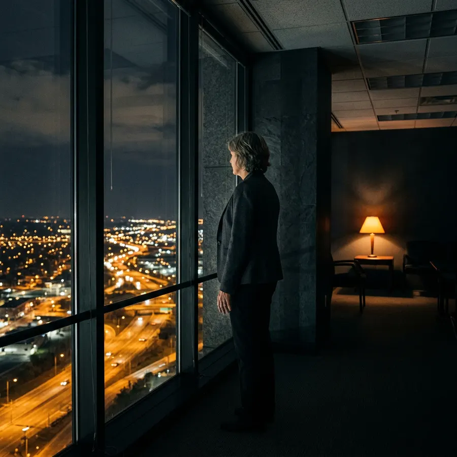 Analytics leader standing at a dark office window at night looking out over the Columbus street grid