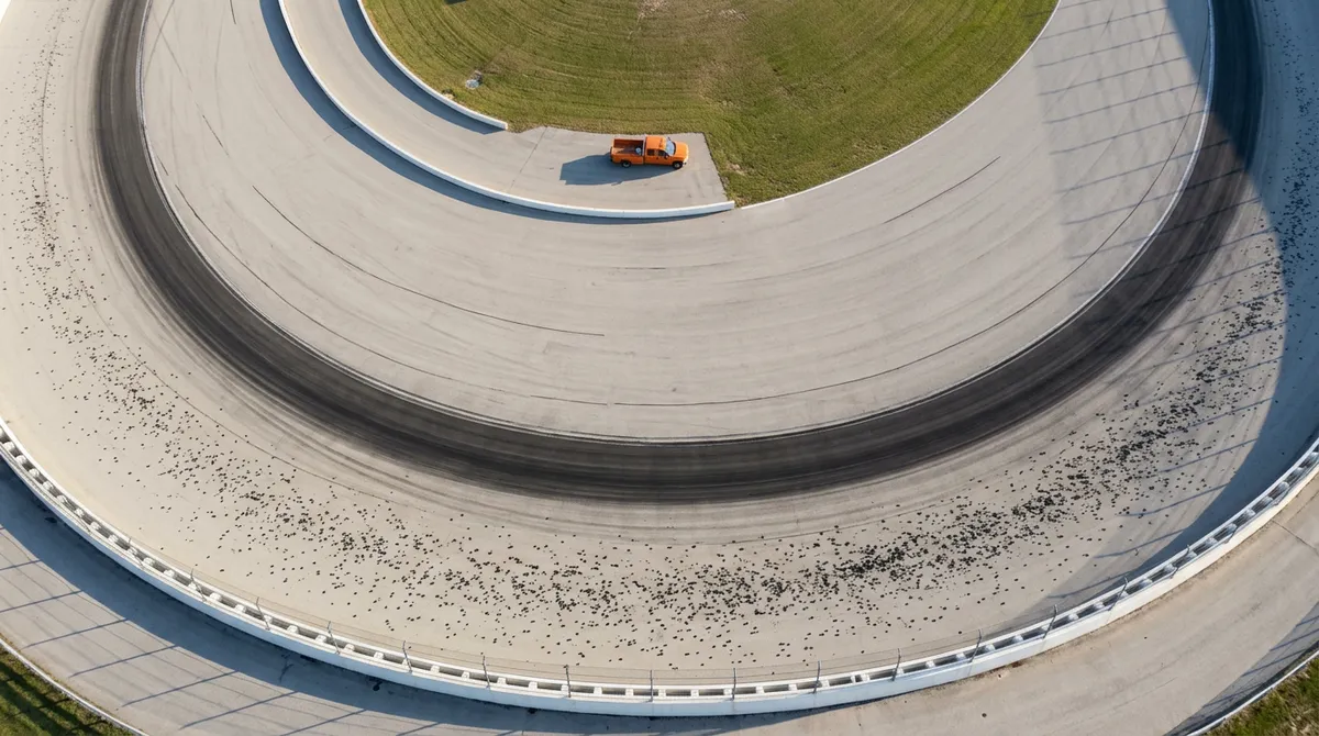 Aerial view of a banked oval racetrack turn with one dark rubbered racing line through the lane and black rubber marbles scattered against the outer wall, an orange truck parked on the apron