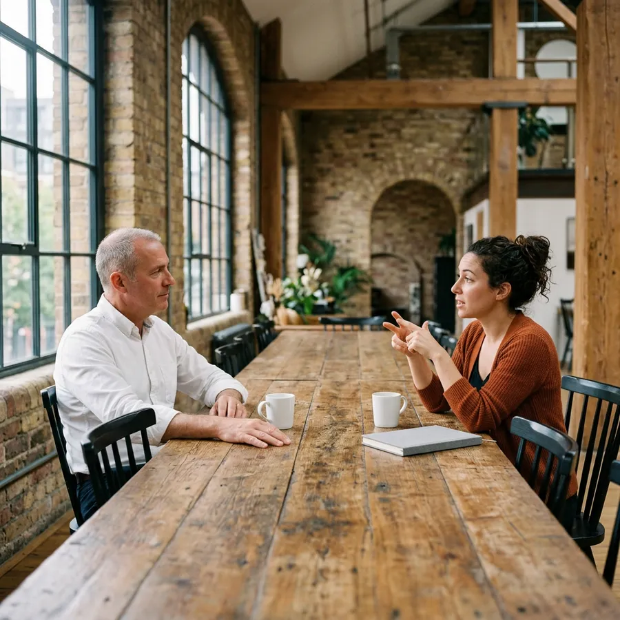 Hiring manager in a white shirt and a recruiter in a burnt orange cardigan talk at the end of a long reclaimed wood table in a brick warehouse office