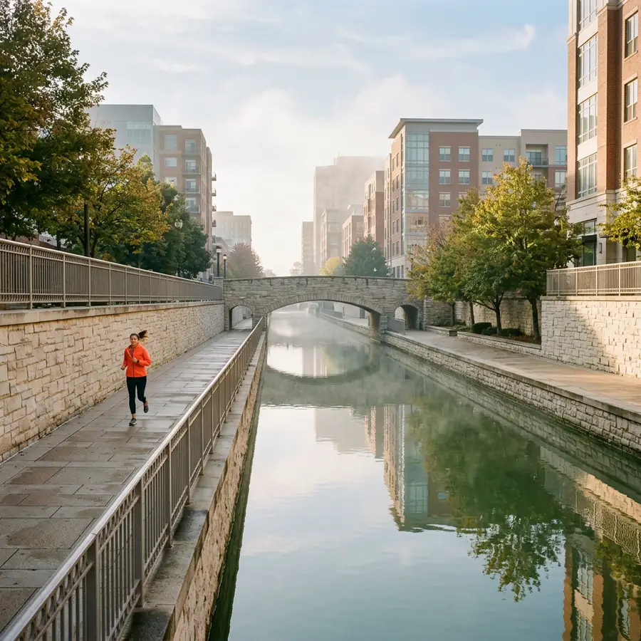 Runner in an orange jacket on a limestone canal promenade at dawn in downtown Indianapolis, a stone footbridge and mid-rise buildings beyond the still water
