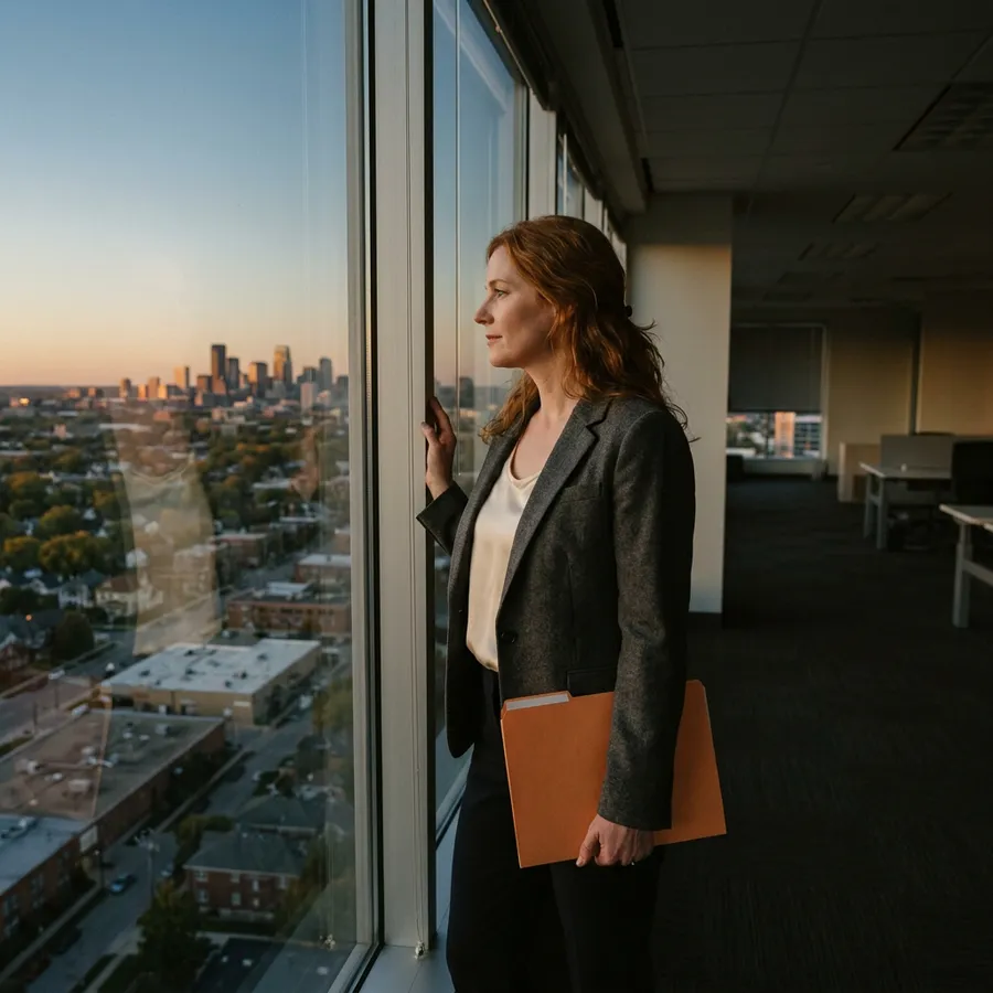Woman in a charcoal blazer holding an orange folder looks out a high office window over a flat Midwestern city at dusk