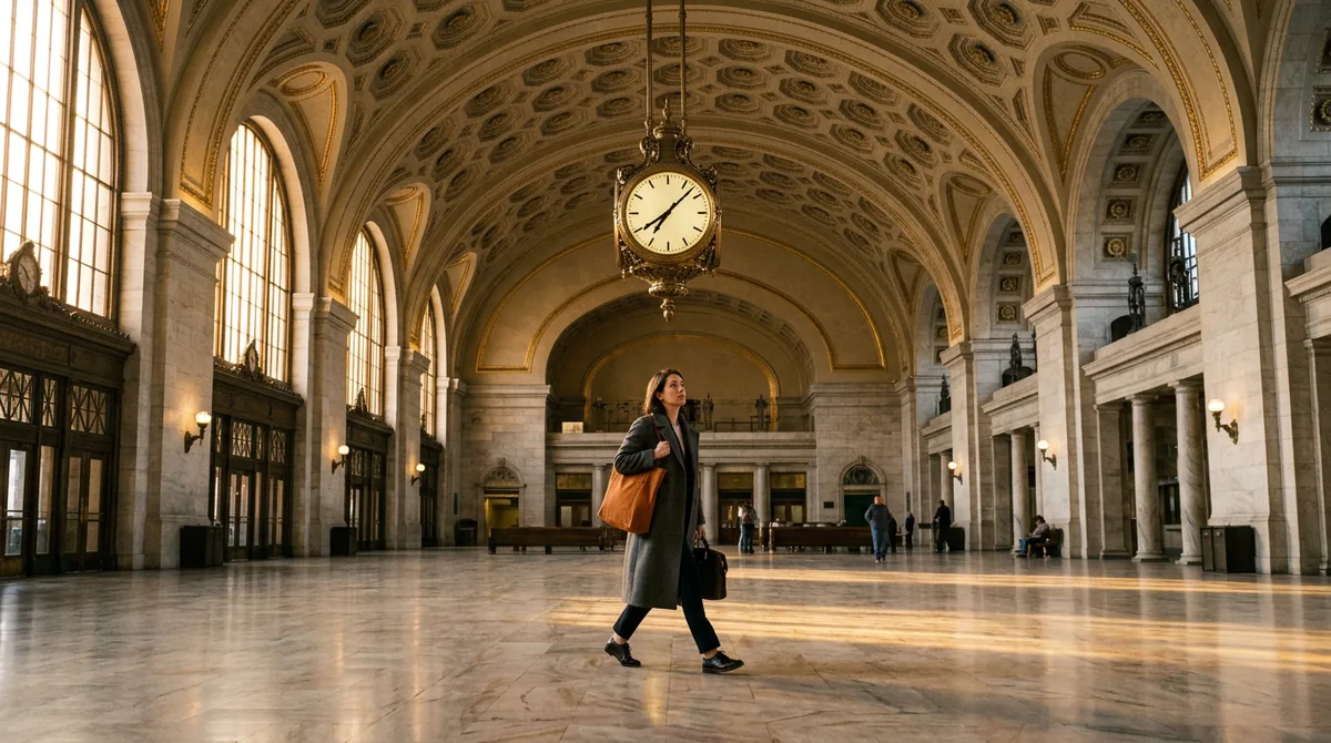 Woman in a charcoal wool coat carrying an orange tote walks across the marble floor of a grand vaulted railway station hall, glancing up at a large hanging clock