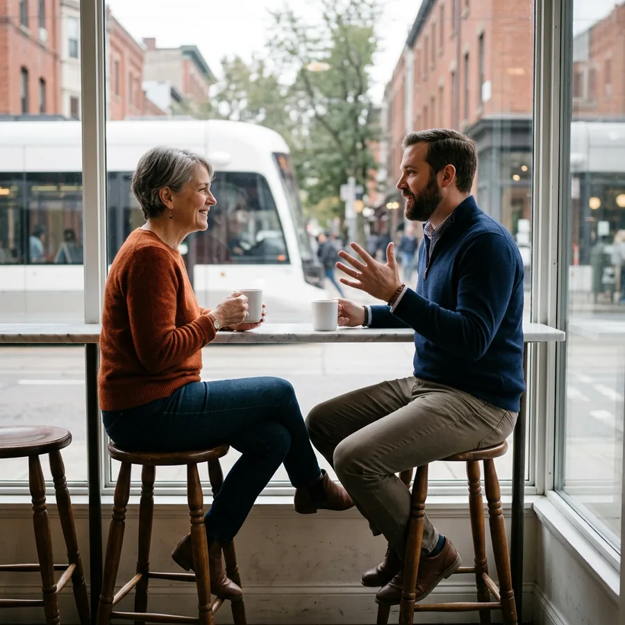 Hiring manager in a rust orange sweater and a recruiter in a navy sweater talk on tall wooden stools at a cafe window counter while a white streetcar passes outside