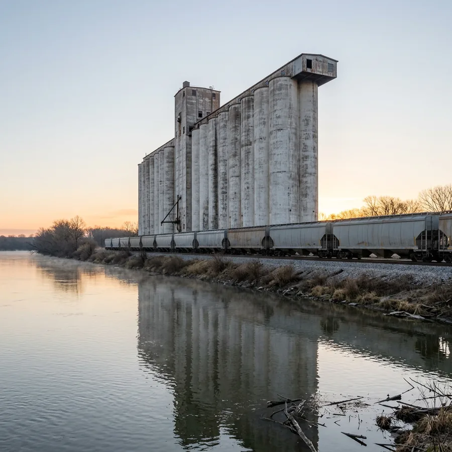 Row of tall weathered concrete grain elevators beside a river at dawn with a line of plain grey covered hopper railcars waiting in front