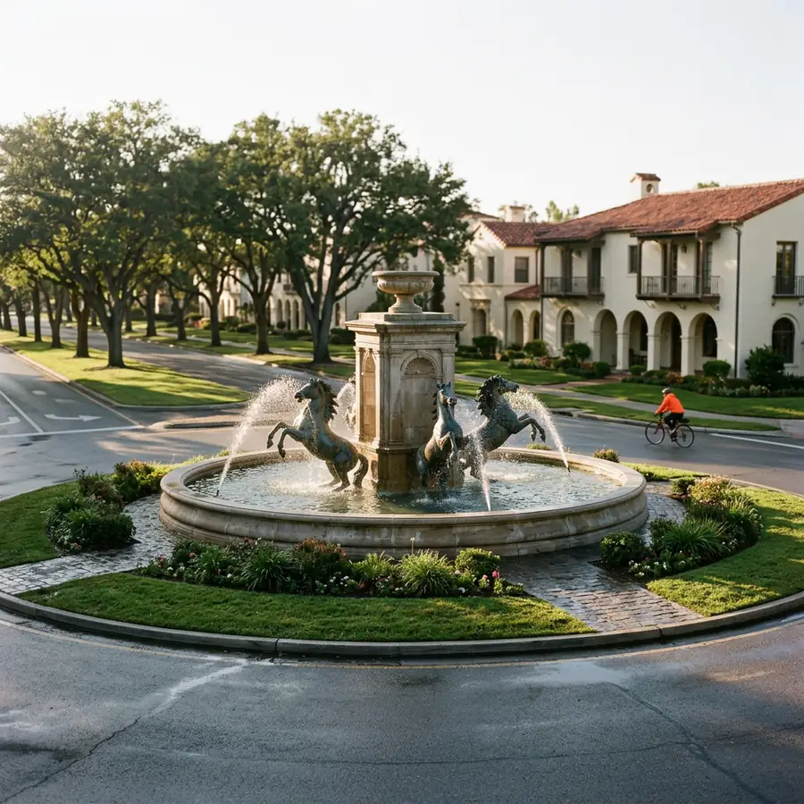 Stone fountain with bronze rearing horses in a roundabout on an oak-lined boulevard, Spanish revival buildings behind and a cyclist in an orange jacket passing