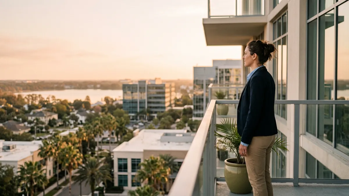 Data professional on a Central Florida office balcony at sunrise looking out over the Orlando skyline, palms and a lake beyond