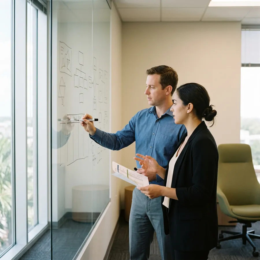 Two colleagues at a glass whiteboard in a bright Orlando office mapping out a hiring schedule against a fixed date