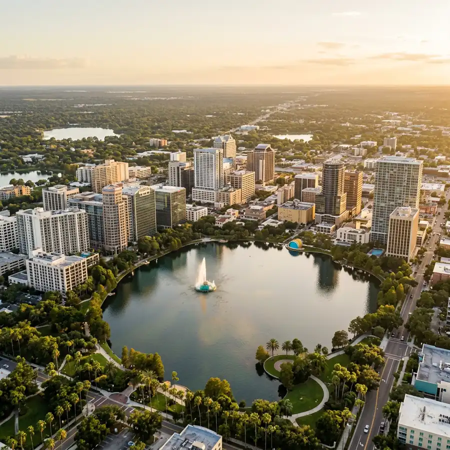 Golden hour aerial view of downtown Orlando, the Lake Eola fountain and office towers surrounded by palms