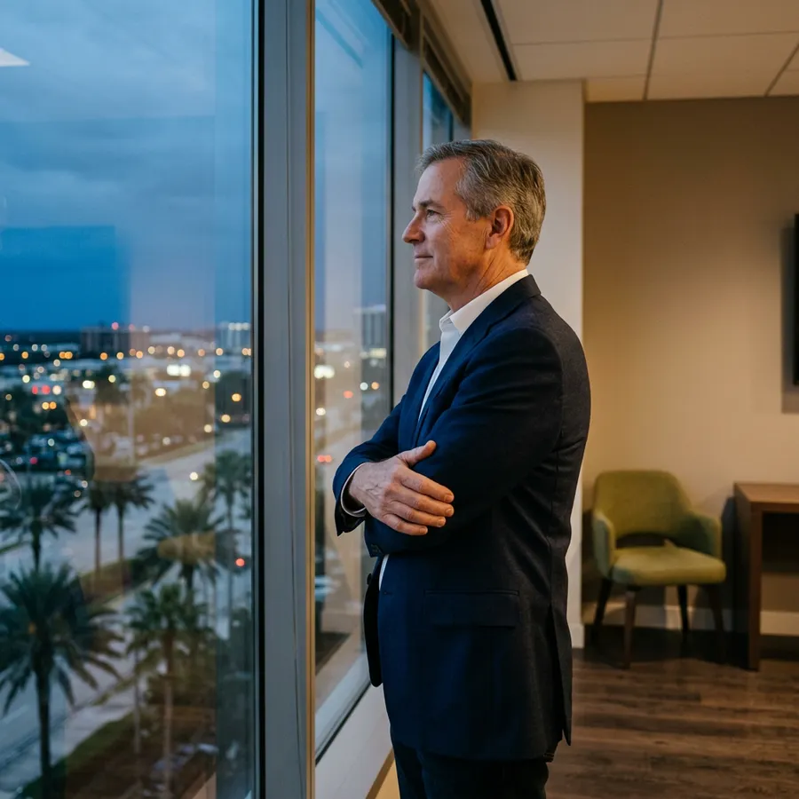Senior analytics leader at a floor to ceiling window of a Central Florida office at dusk with city lights below