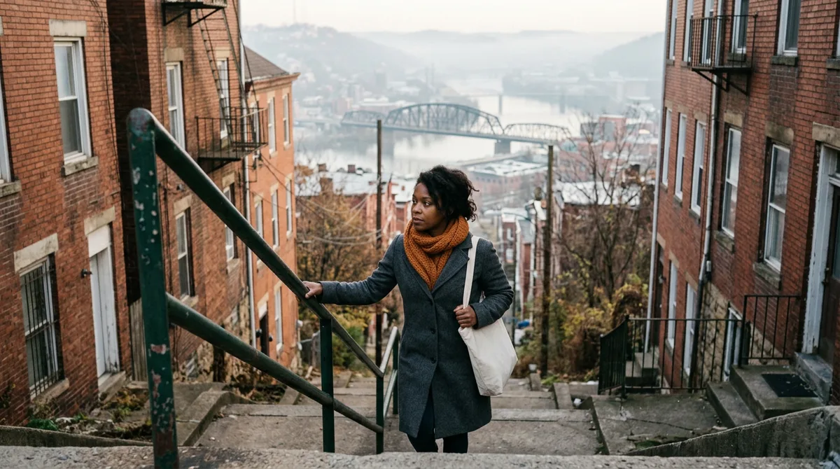 Woman in a grey coat and orange scarf climbing a steep public stairway between brick rowhouses on a hillside neighborhood, with a river and truss bridge below