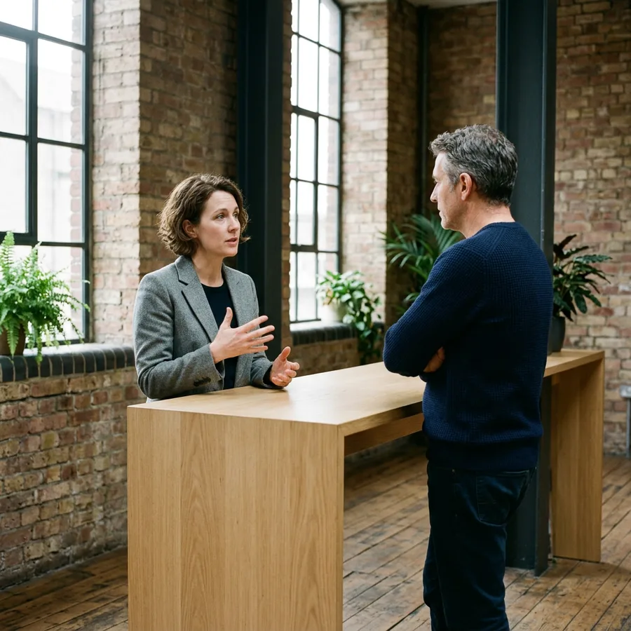 Hiring manager and recruiter talking at a tall oak counter inside a converted brick industrial building with steel factory windows