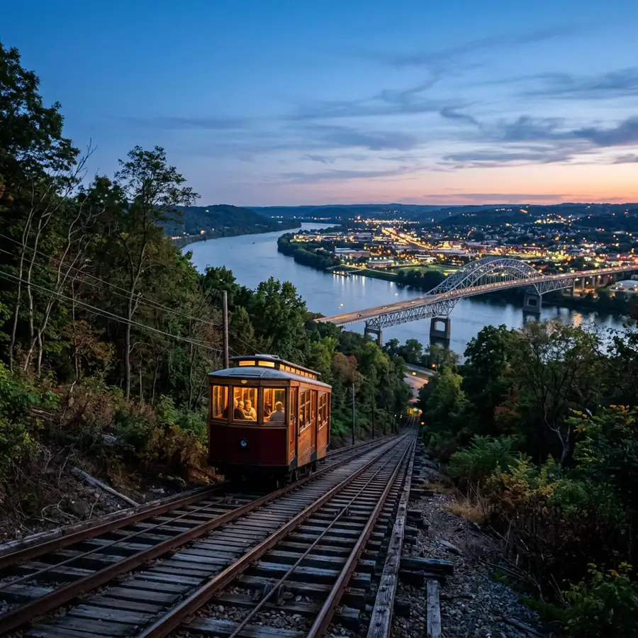 Vintage funicular car climbing a wooded hillside track above a river and arch bridge at dusk