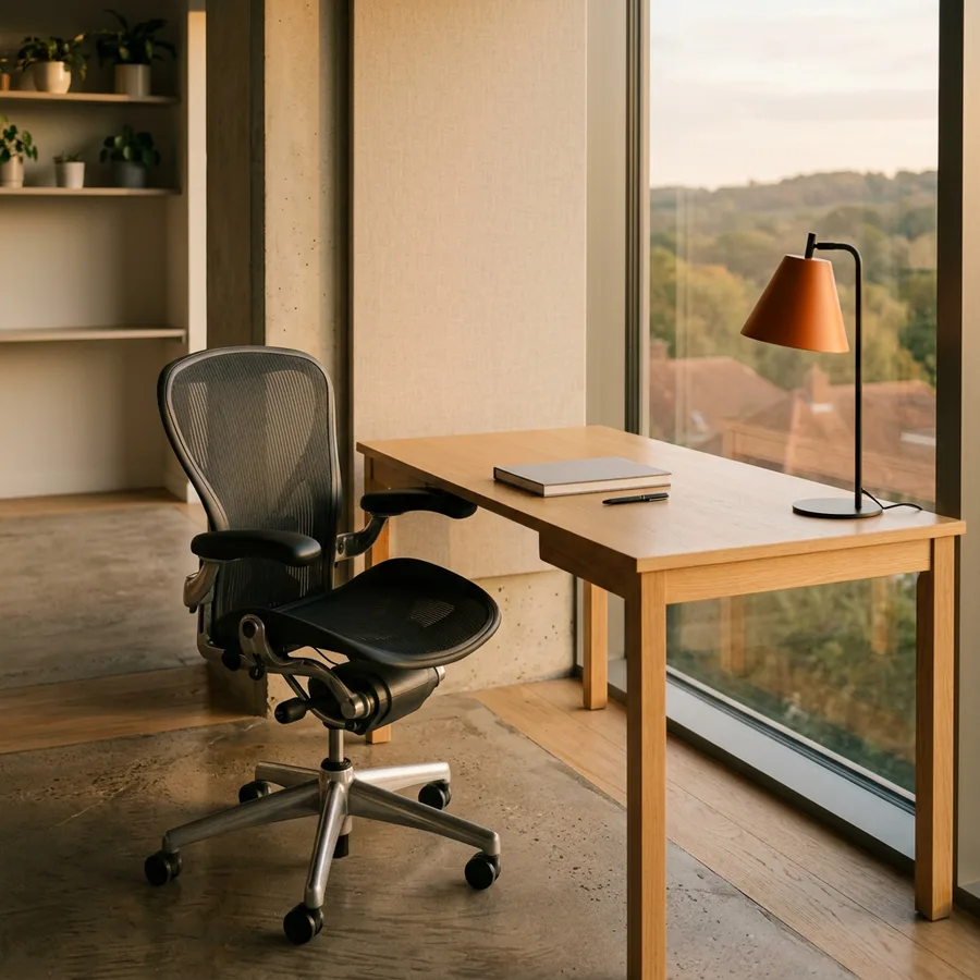Empty office chair pushed back from a wooden desk with an orange lamp beside a tall window overlooking wooded hills