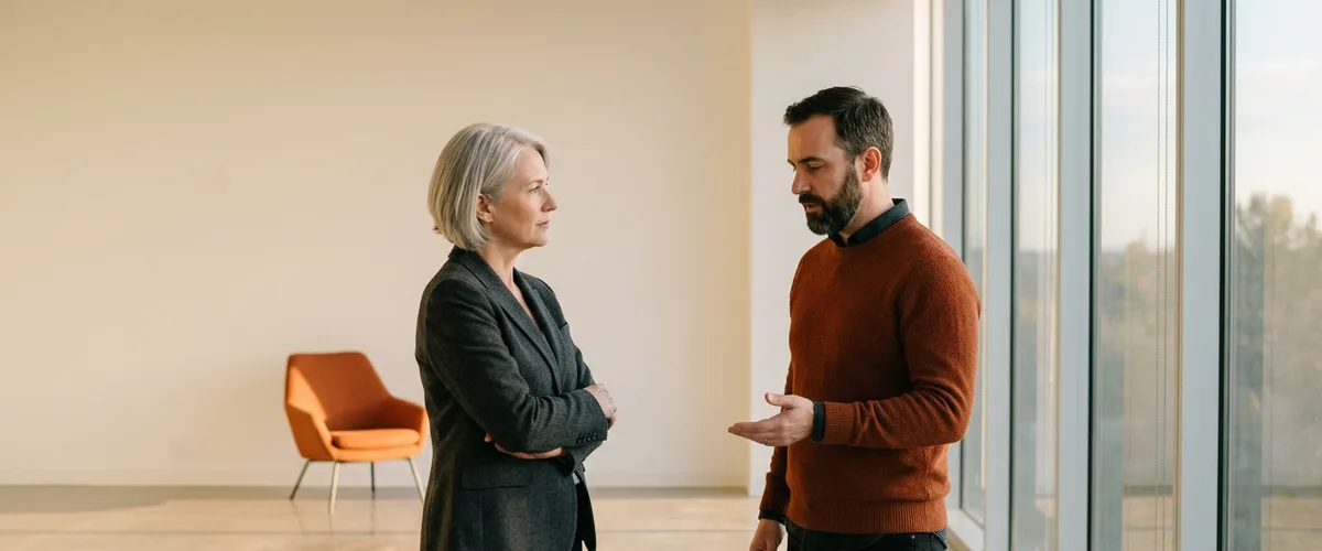 Migration architect and data leader in a serious conversation by tall windows on an empty office floor, planning a data warehouse migration off a legacy platform