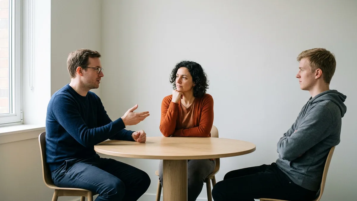 Three contract data engineers at a small round table discussing code conversion issues during a data warehouse migration