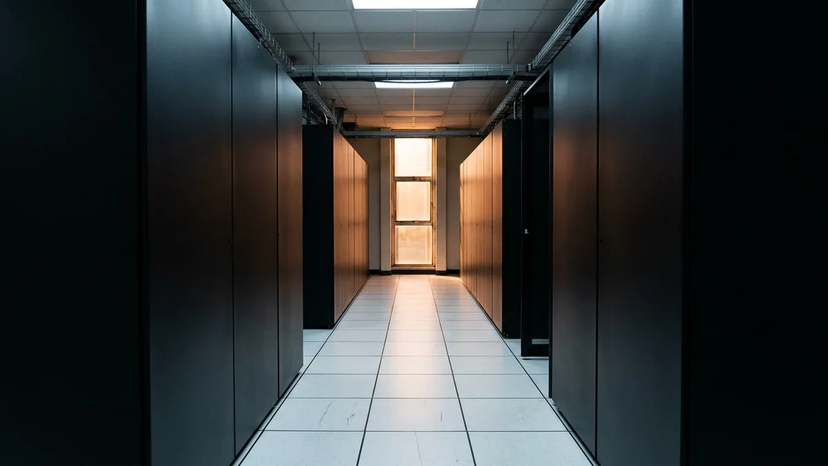 Quiet aisle of closed black on-premises data warehouse cabinets with warm light at the far window, a legacy platform nearing end of support