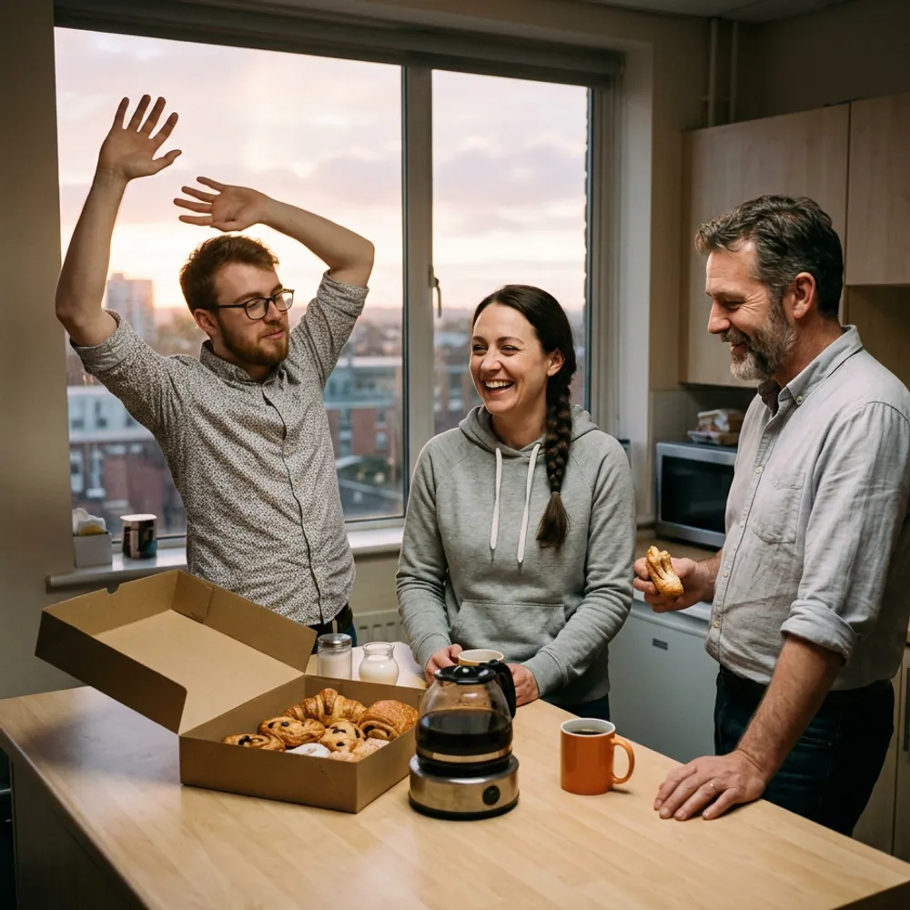 Tired IT team sharing breakfast at dawn after an overnight database upgrade