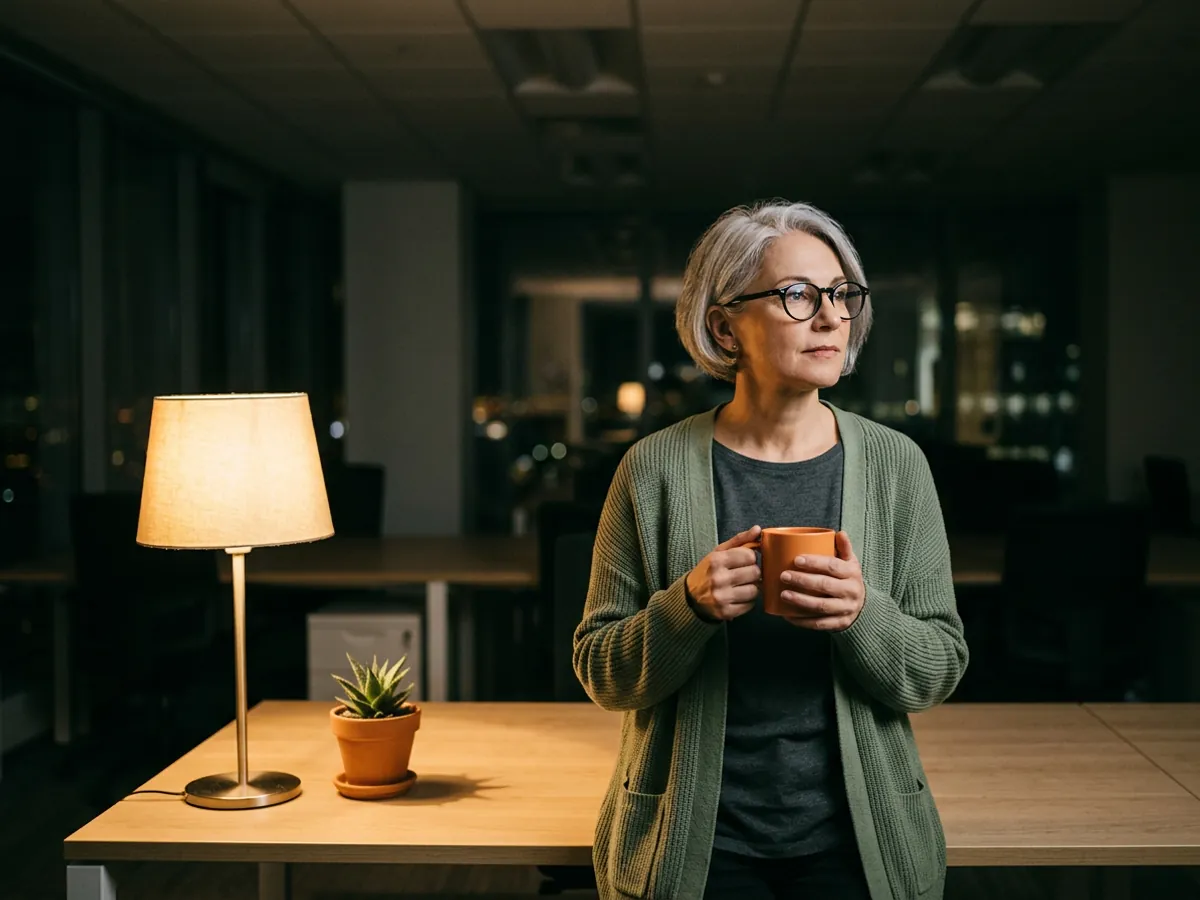 Database administrator holding a coffee mug in a dim office during a weekend maintenance window