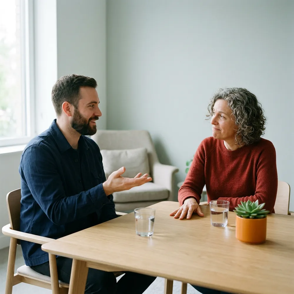 Two database administrators talking through a mixed SQL Server and PostgreSQL estate at a table