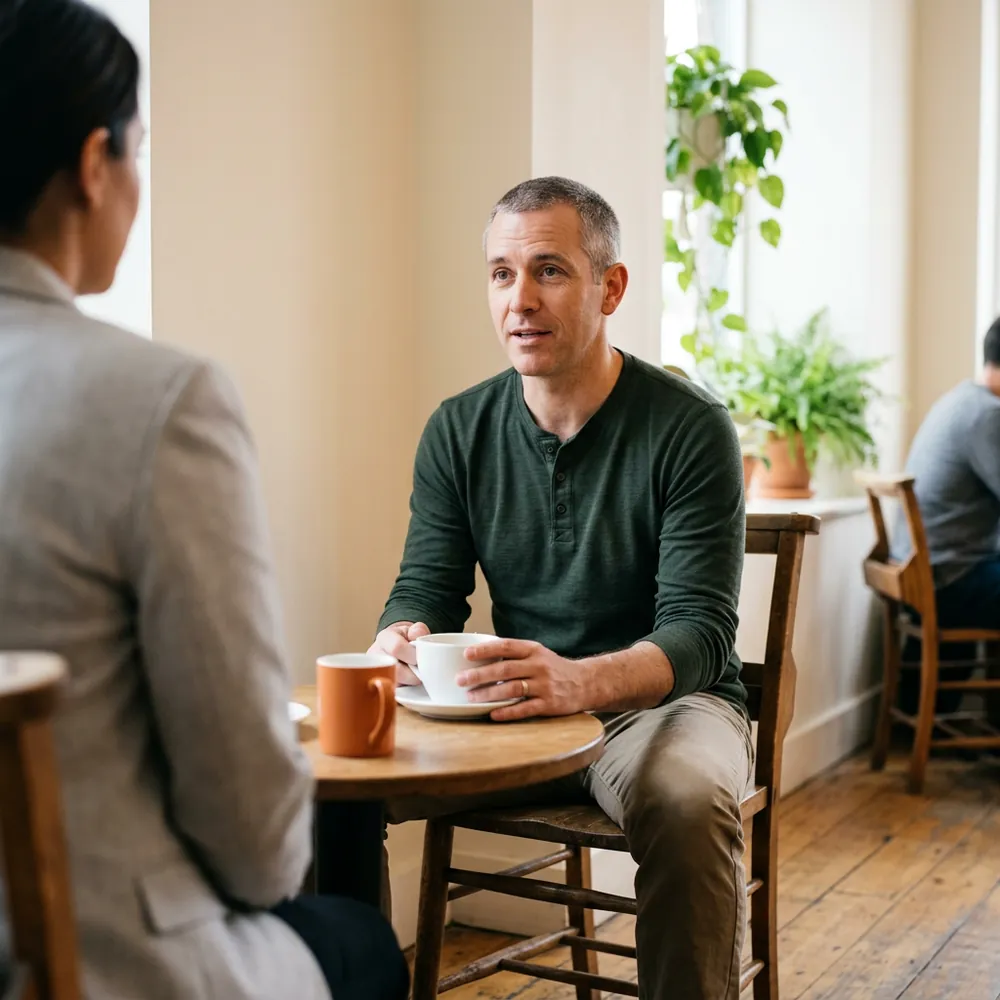 Hiring manager listening as a DBA candidate explains an upgrade rollback plan over coffee