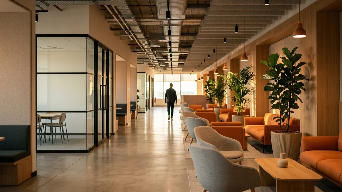 Modern open plan technology office aisle with orange lounge seating where a data platform team works