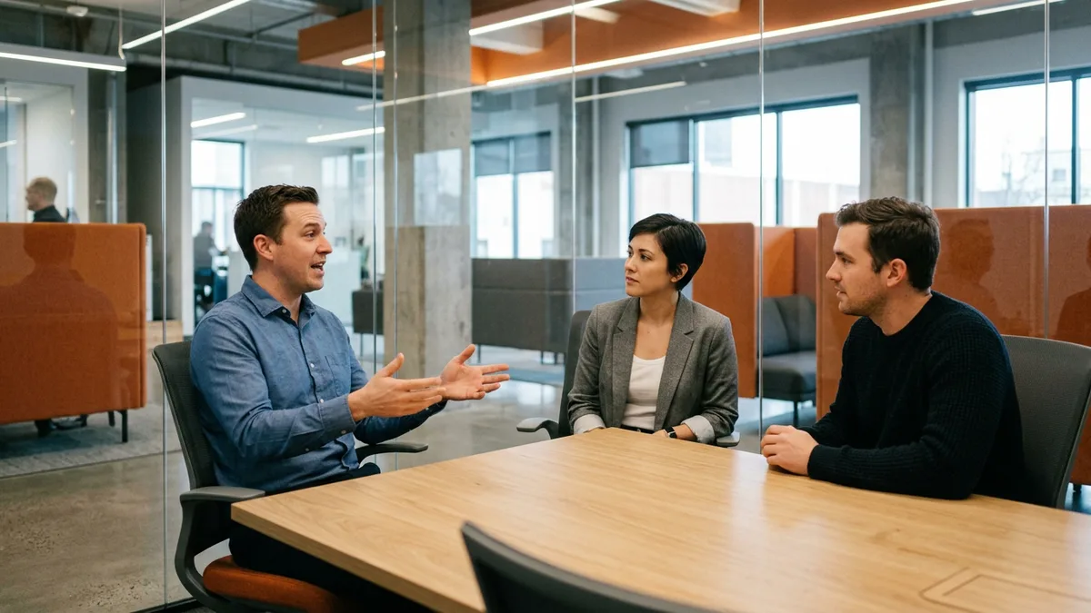 Three colleagues in a glass meeting room deciding who owns the Databricks compute bill before a req is posted