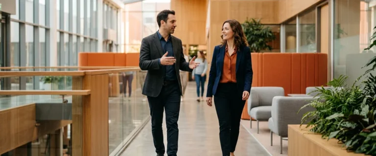 Two data leaders talking as they walk through a modern office atrium while scoping a Databricks engineer job description