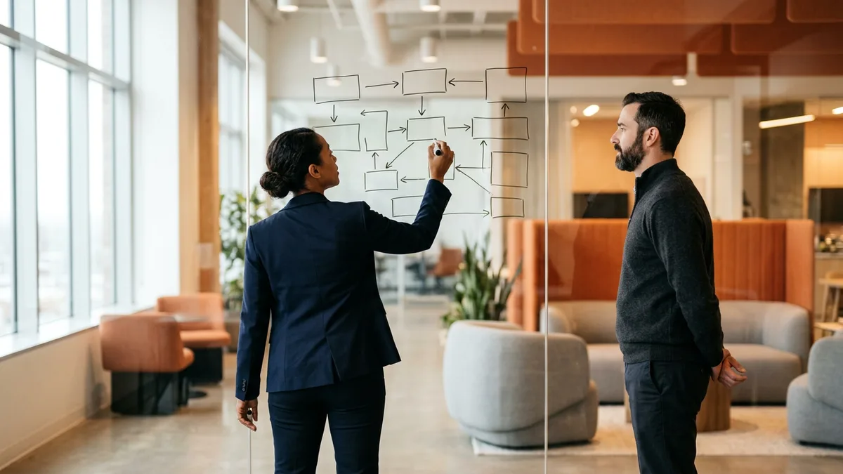 Data engineering lead sketching a lakehouse pipeline diagram on a glass wall while a colleague reviews the scope of a Databricks engineer role