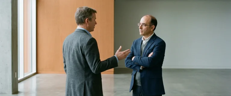 Two engineering leaders discussing onshore, nearshore, and offshore distributed engineering team design in an empty office lobby