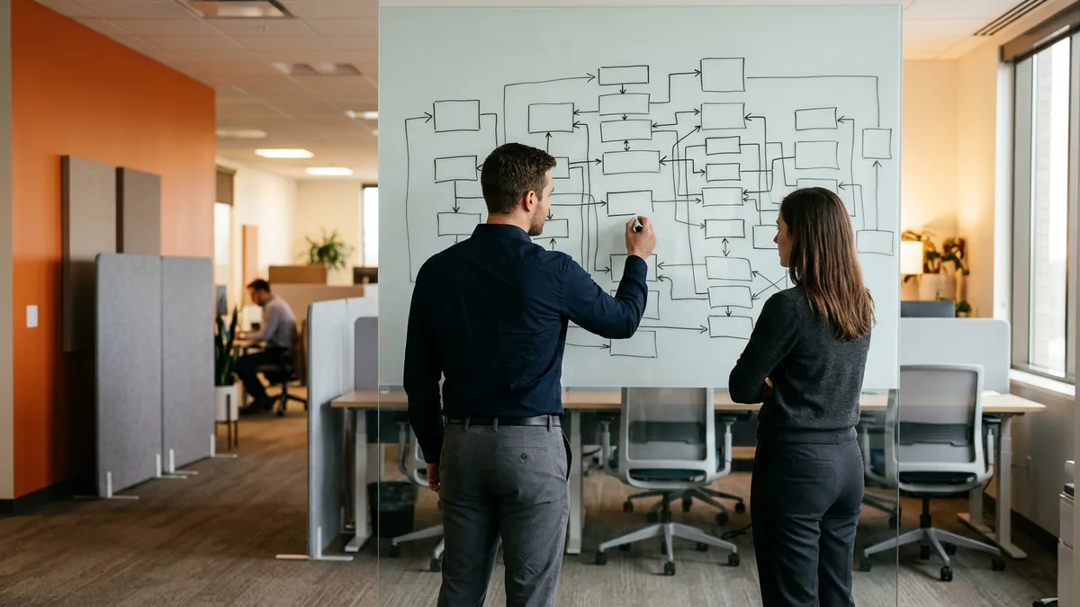 Two DevOps engineers sketching a deployment architecture diagram of boxes and arrows on a glass whiteboard in an open office