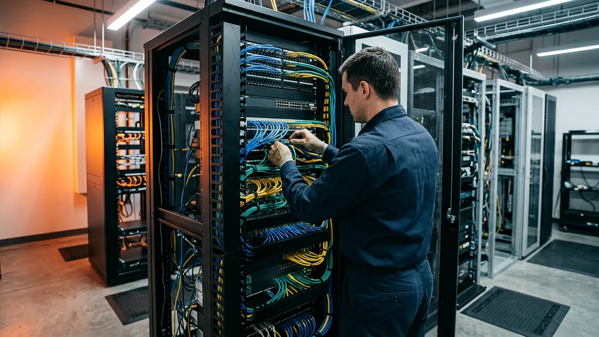 DevOps engineer routing patch cables inside an open network equipment rack in a server room