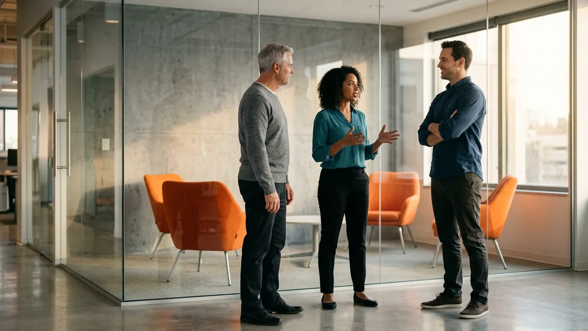 Three colleagues discussing platform engineering and site reliability career tracks beside a glass-walled meeting room