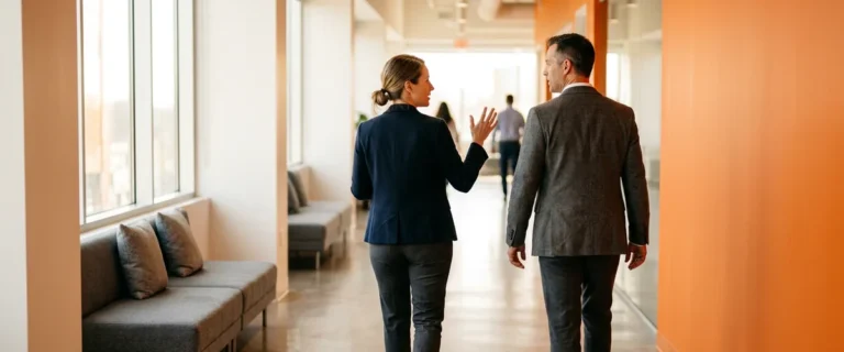 Two KORE1 recruiters discussing the DevOps engineer career path while walking through a modern office corridor