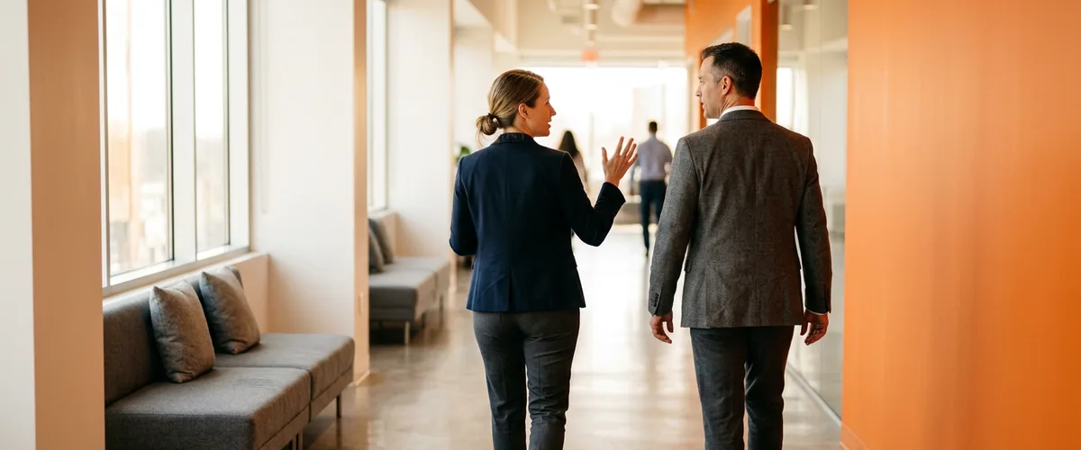 Two KORE1 recruiters discussing the DevOps engineer career path while walking through a modern office corridor