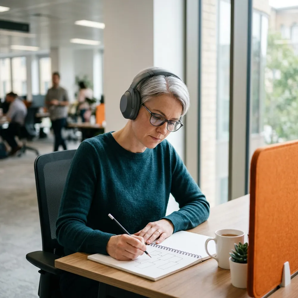 Senior platform engineer working through a design in a paper notebook with headphones on, uninterrupted