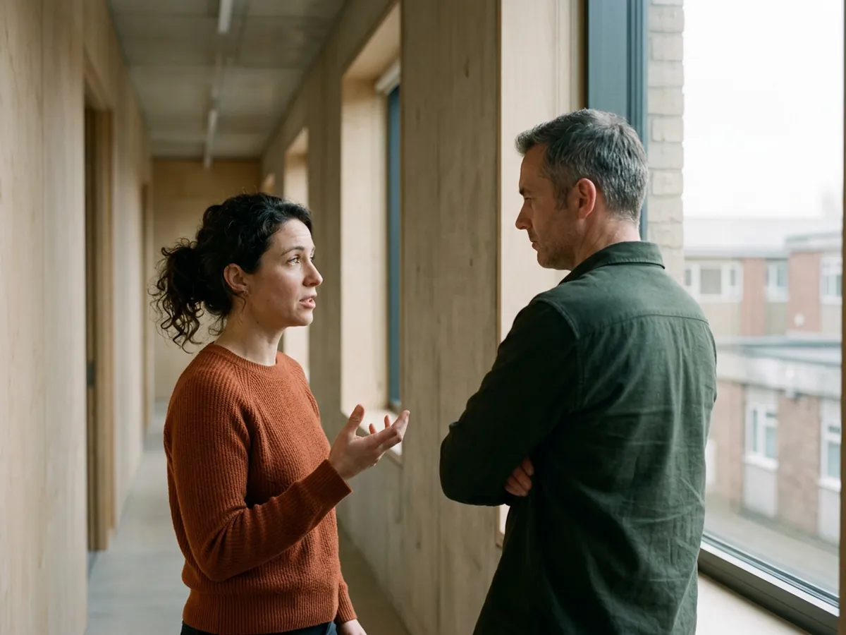 DevOps engineer talking through an upgrade plan with a colleague beside a tall office window