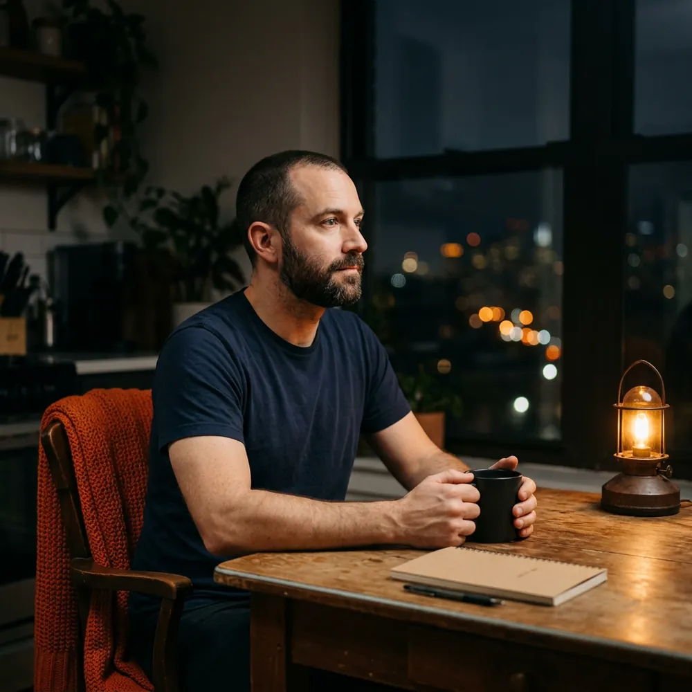 DevOps engineer on call at home late at night with a mug of tea beside a dark window