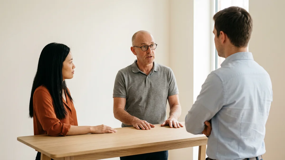 Three colleagues at a bare standing table agreeing who owns the canonical borrower record and its validation rules