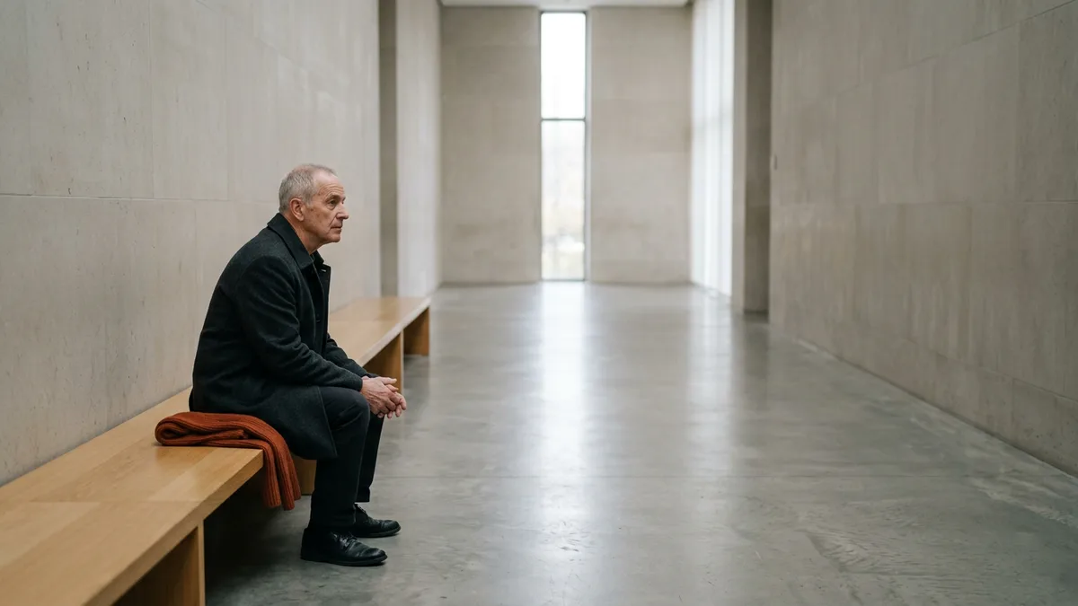 Senior operator sitting alone on a long bench in a quiet daylit lobby while a reconciliation waits