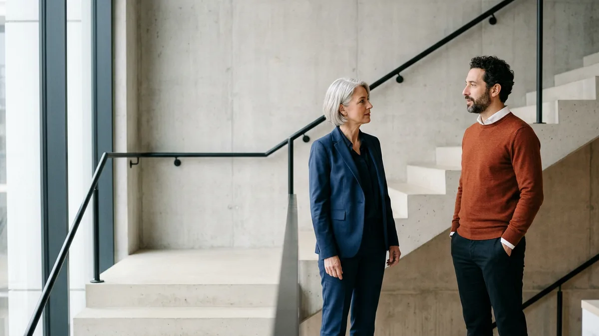 Two finance colleagues on an office stair landing discussing why three systems report different exposure for one borrower