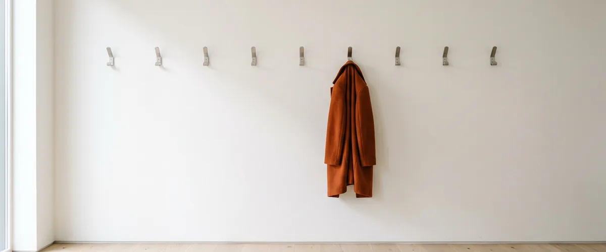 One burnt orange coat hanging on a row of empty wall hooks, representing one canonical record per borrower