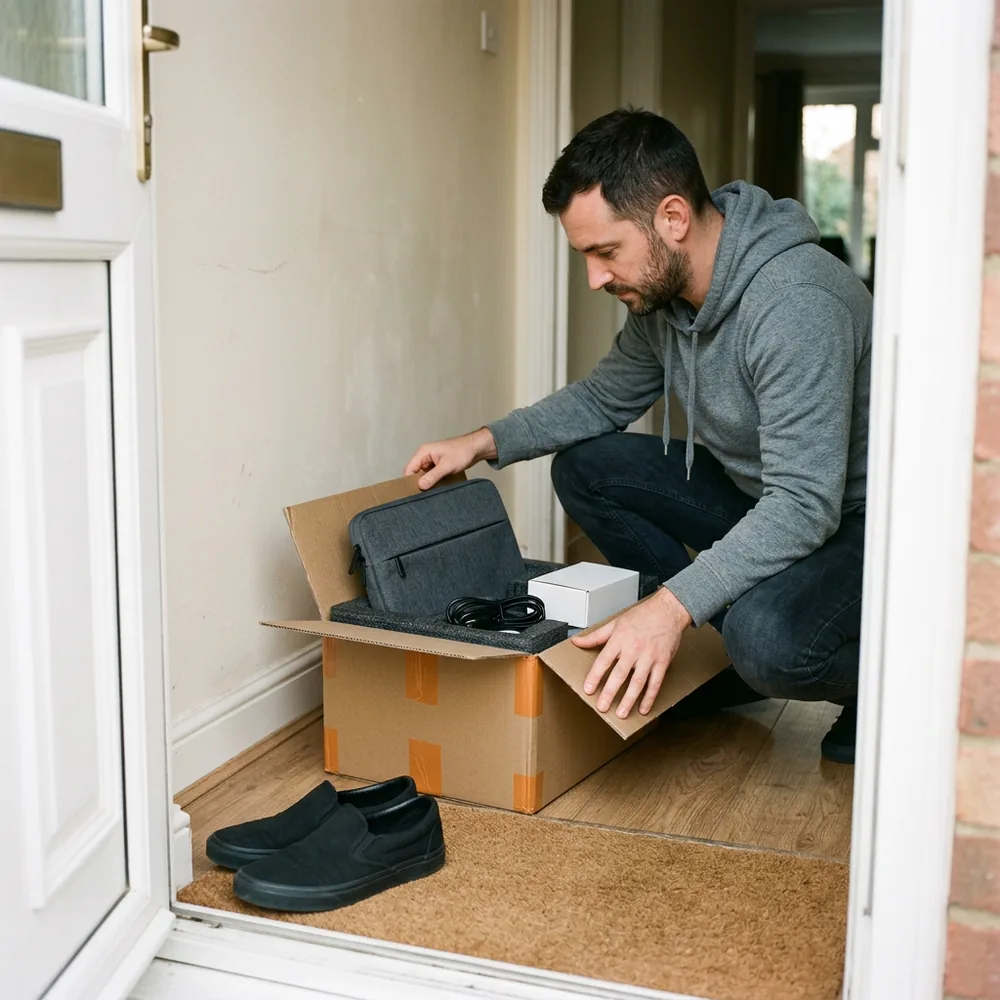 New IT hire crouched in his apartment doorway opening a shipping box of work equipment the day before his direct hire start date