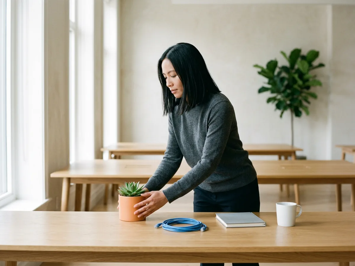 New IT employee setting a small orange potted plant on her empty desk on her first day after a direct hire placement