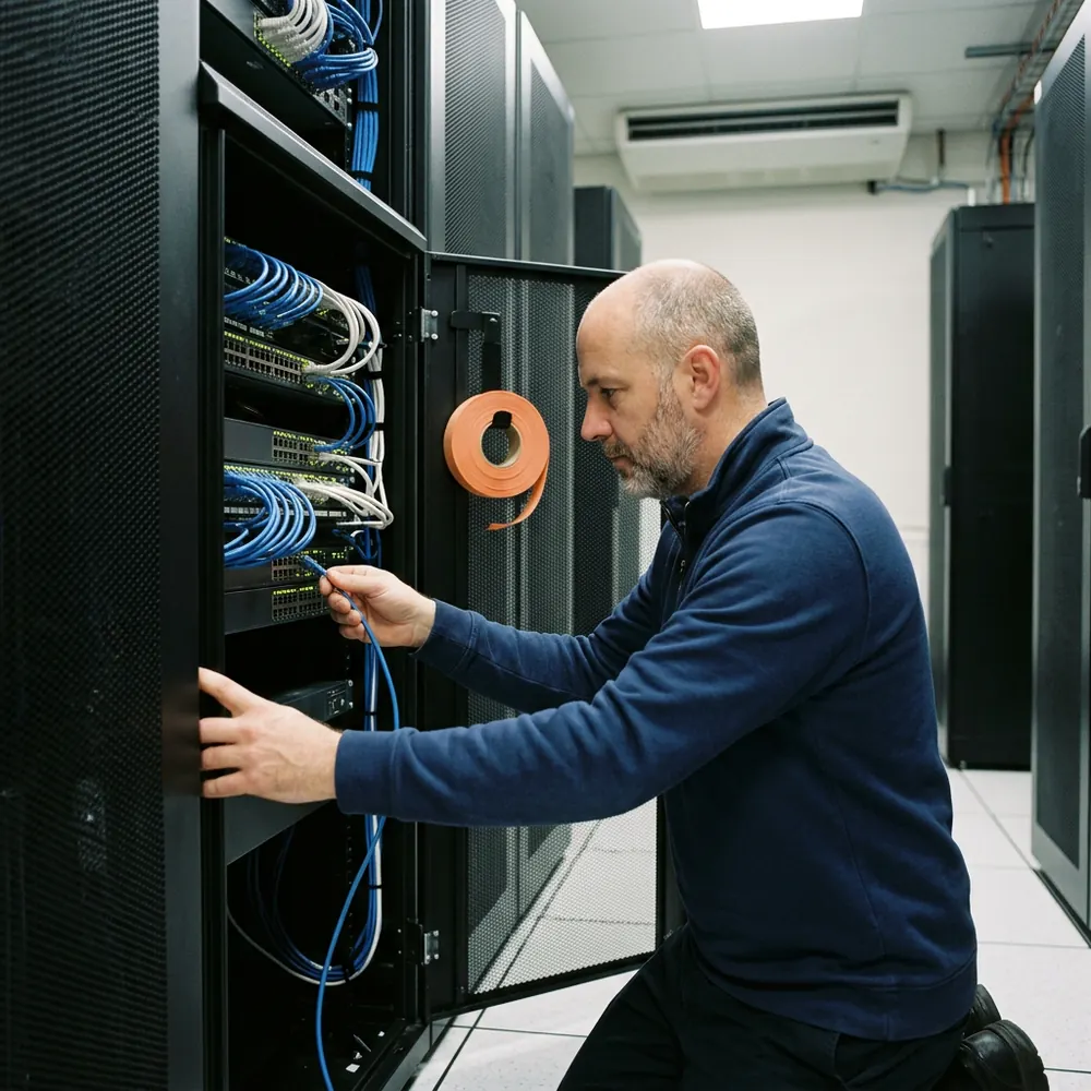 Infrastructure engineer kneeling at an open network rack tracing a blue patch cable, the kind of permanent IT seat that owns production