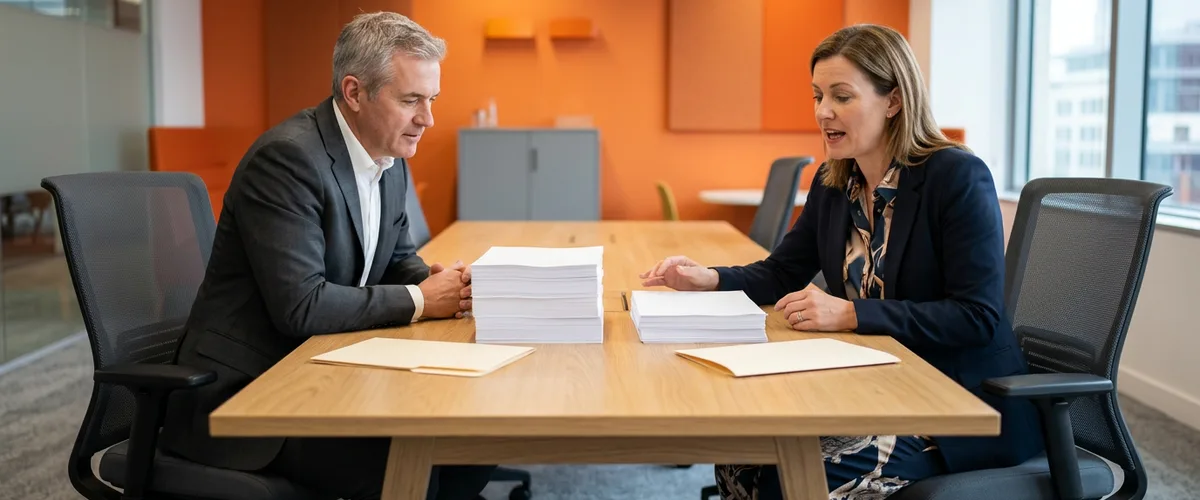 Two contingent talent buyers comparing direct sourcing against staffing agency supply across two stacks of printed requisitions