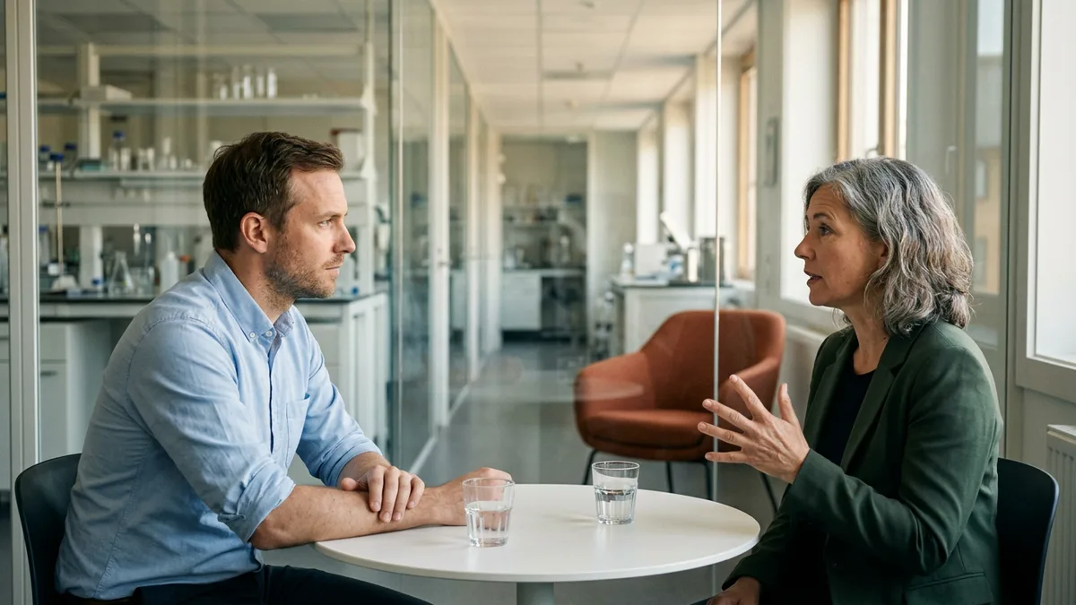 Hiring manager listening to a senior quality candidate across a round table in a glass meeting room beside a lab
