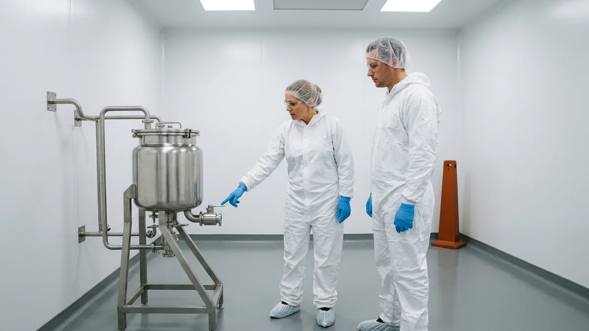 Two people in cleanroom coveralls beside a stainless steel vessel in a pilot pharmaceutical manufacturing suite