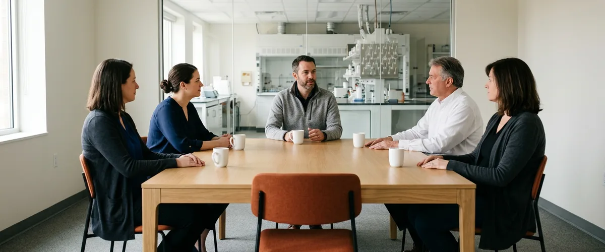 Small pharma leadership team at a conference table with one empty orange chair and a lab behind a glass wall