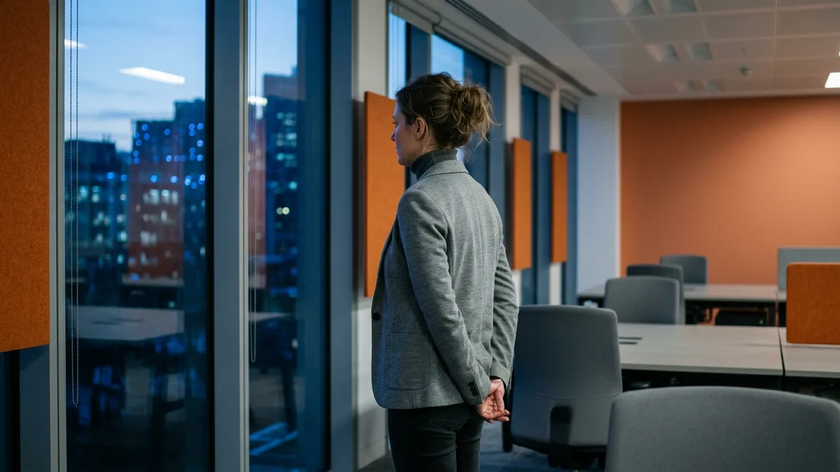 Engineering manager standing at an office window before sunrise, the shifted workday an offshore time zone offset creates