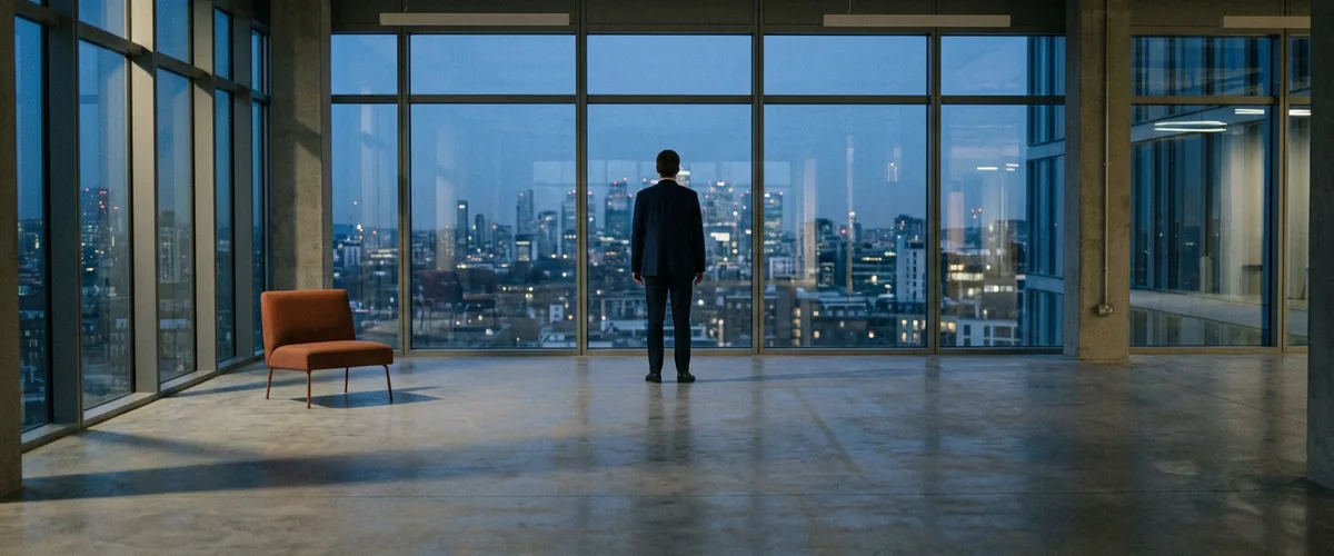 Operations lead seen from behind at a floor-to-ceiling window on an empty finance floor at dusk, waiting on month-end documents